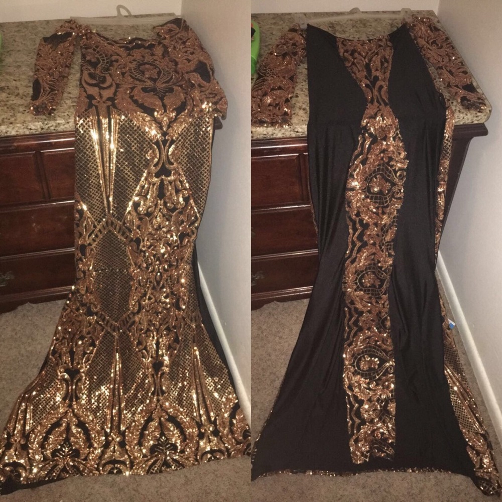 Gold and black mermaid prom dress